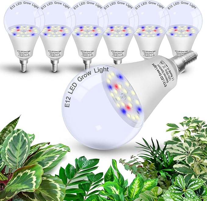 Grow Light Bulbs E12 Candelabra Small Screw Base for Indoor Plants Full SpectrumGrow LED Light Bulb 10W with Balanced Spectrum 5000K Blue Red for Seeds Greens LaboratorySchoolGreenhouse Garden6Pcs