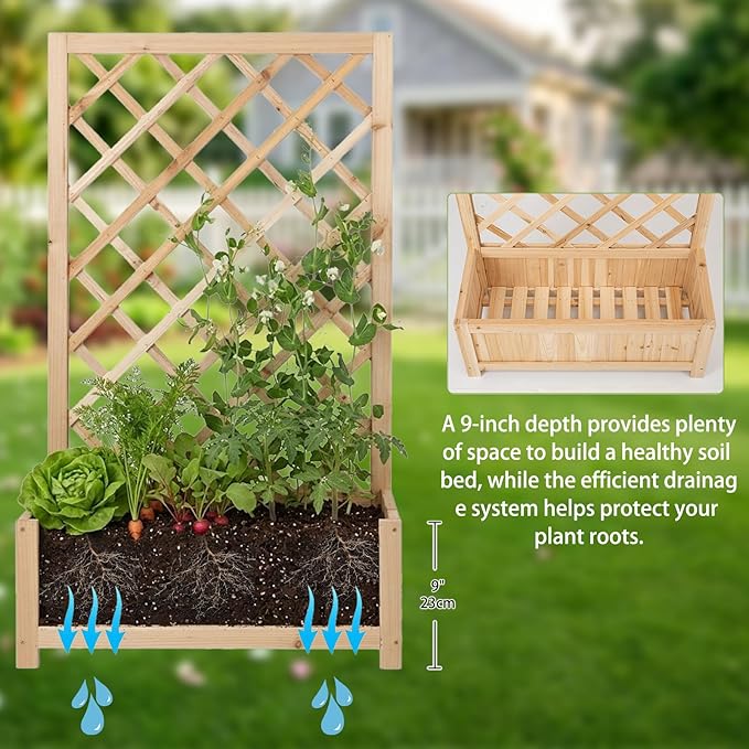 Wooden Raised Garden Bed with Trellis 40 Outdoor Planter Box for Climbing Plants Vertical Natural Wood Garden Planter for Vegetables Flowers &amp Vines Lattice Plant Support for Patio Yard Balco