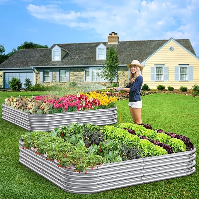 2 PCS 10x2x1/8x4x1/6x6x1ft Outdoor Galvanized Backyard Metal Raised Garden Bed for Flowers 9 in 1 Adjustable Raised Planter Box for Plant