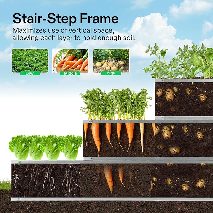 VIVOSUN 3-Tier Metal Raised Garden Bed 46 x 46 x 24 Galvanized Steel Metal Outdoor Planter Box with Gloves and Scissors to Grow Flowers Vegetables and Herbs for Outdoor Gardening Dark Gray