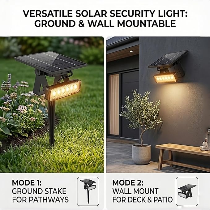 Solar Spotlight Outdoor Single Warm White Solar Garden Light with Adjustable Head and Panel Dual Installation Ground Stake or Wall Mount Auto on/Off Landscape Light for Yard Pathway Patio