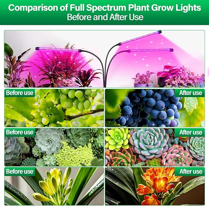 SKYWORLD LED Grow Light 60 LEDs Full Spectrum Clip Plant Growing Lamp for Indoor Plants Flexible Gooseneck Auto On Off Timing 3/9/12H 10 Dimmable Levels 3 Tubes Red &amp Blue