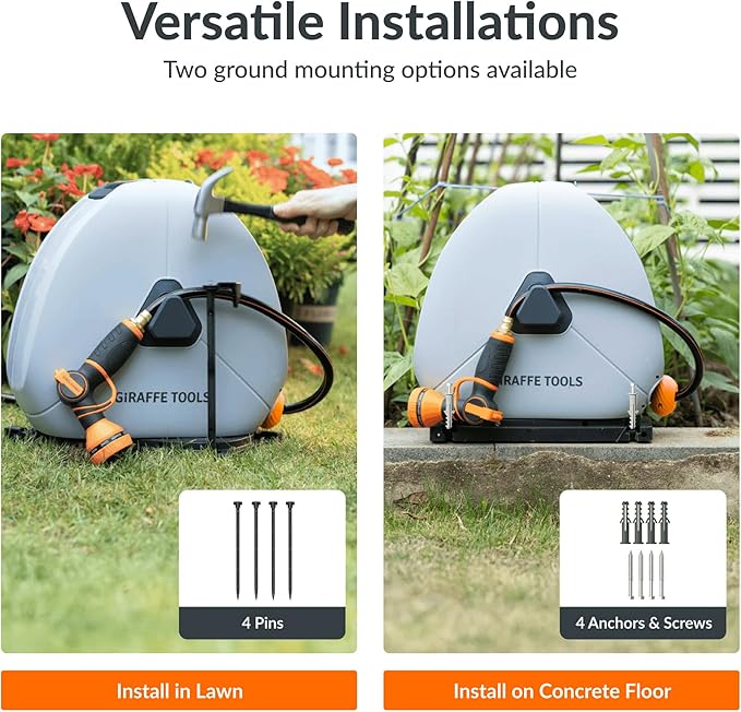 Giraffe Tools Heavy Duty Retractable Hose Reel 5/8 x 92FT Automatic Rewind Garden Hose Reel with 360° Swivel Base Ground Mounted for Lawn Patio Concrete Floor &amp Yard Watering