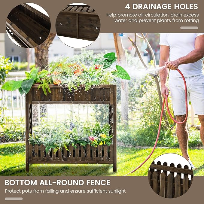 HAPPYGRILL Wooden Raised Garden Bed 2-Tier Elevated Planter Box Stand with Legs Storage Shelf 35.5” Height Carbonized Fir Wood Garden Bed for Vegetable Fruit Herb Flower