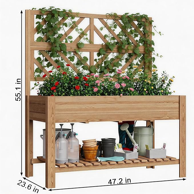 Vabches Wooden Elevated Raised Garden Bed with Trellis47x24x55 in Planter Box with Legs and Storage ShelfFreeStanding Gardening Planter for Flower Herb Vegetable Fruit Climbing Vines