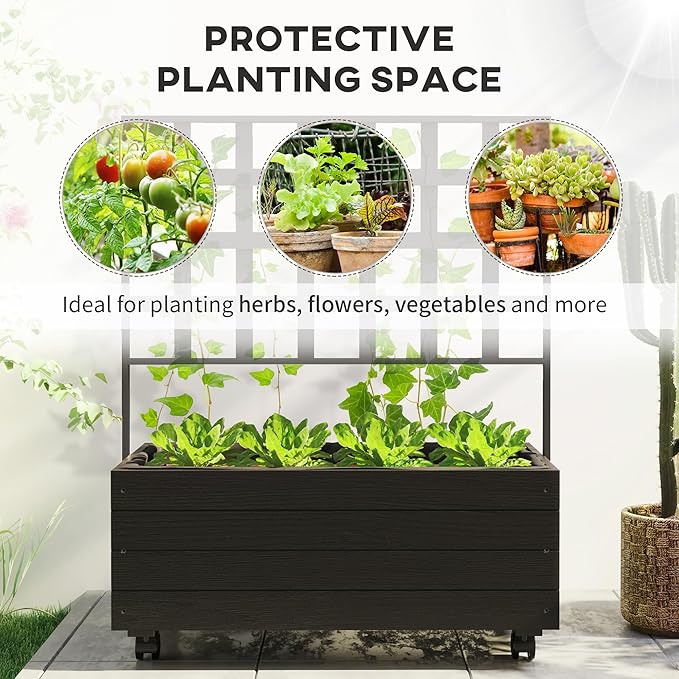 Outsunny Raised Garden Bed with Trellis and Wheels Outdoor Wooden Elevated Planter Box Freestanding Raised Flower Bed for Climbing Plants Flowers Herbs and Vegetables