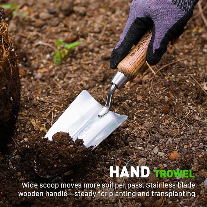 GOODSMANN Garden Tools Set 3 Piece Stainless Steel Gardening Kit Hand Trowel Marker Measurements Transplanter and Cultivator Garden Hand Shovel for Digging Weeding Planting Turning Soil