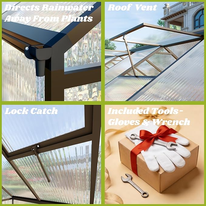 8x10 FT Greenhouse for Outdoors Polycarbonate Greenhouse with Quick Setup Structure and Roof Vent Aluminum Large Walk-in Green House for Outside Garden Backyard Charcoal Black