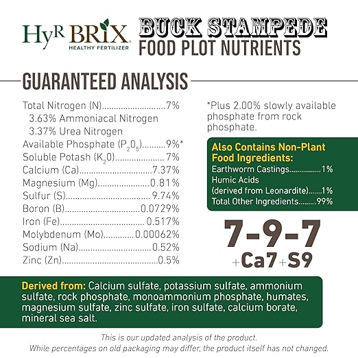 HyR BRIX Buck Stampede Food Plot 7-9-7 Fertilizer 45lb Bag - Slow-Release Nutrients with Calcium Sulfur Humic &amp Fulvic Acid - Supports Protein Production - Covers 2300 Sq Ft