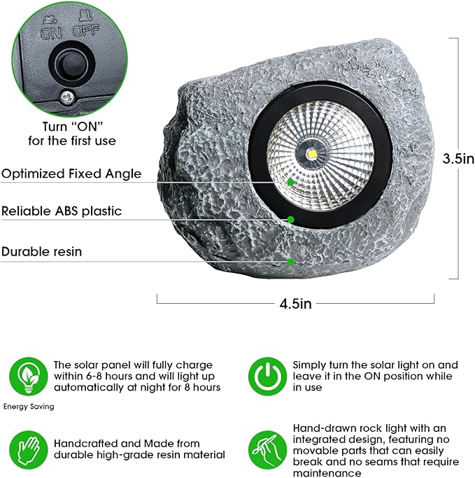 4 Pack Solar Garden Rock Lights Outdoor 20 LM Bright White Spotlights with Auto On/Off IP65 Waterproof 6000K Led Solar Powerd Landscape Stone Lights for Pathway Walkway Yard Patio