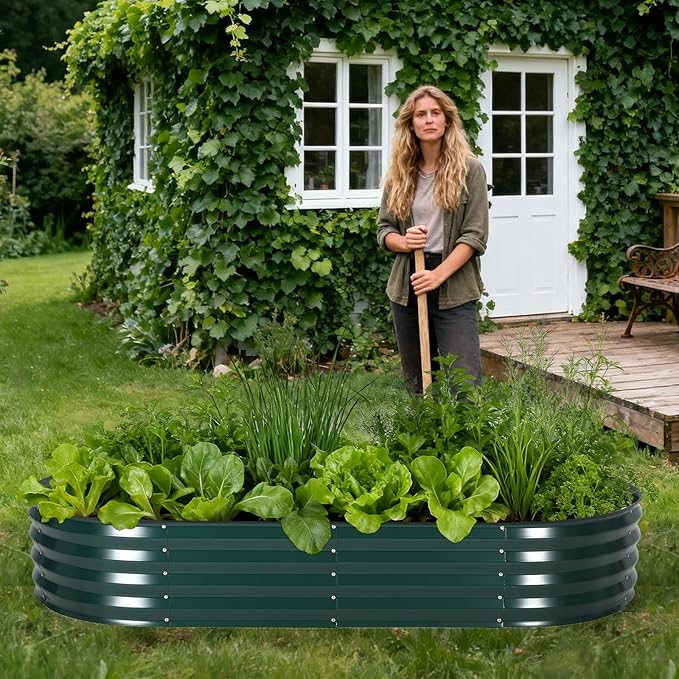 Large Oval Galvanized Raised Garden Bed Kit with Protective Cover Open Base Steel Planter Box with Zippered Screen Doors Easy Assembly Outdoor Raised Bed for Vegetables Flowers Dark Green