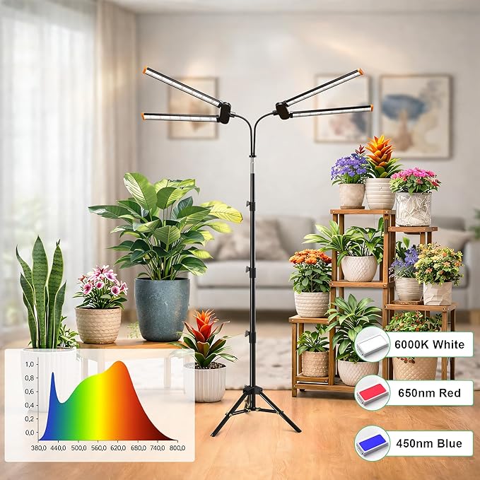 61'' Grow Light Floor Lamp6000K White Full Spectrum Growing Light for Indoor Tall Large PlantsHalf or Full Brightness Dimmable &amp Auto TimerAdjustable Height 17-61