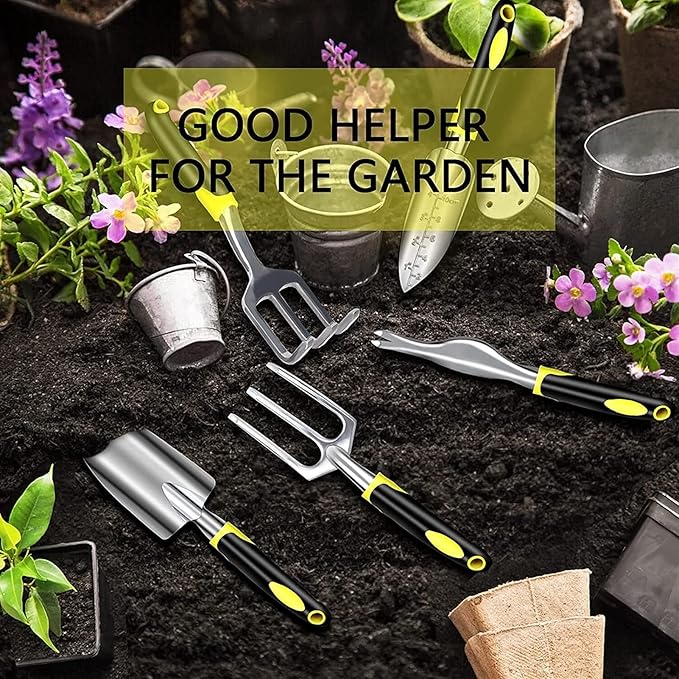 DINGFAN Gardening Tools 5 Piece Gardening Tools Set Aluminum Garden Hand Tools Kit Shovel Transplant Trowel Rake Cultivator Weeding Fork Weeder for Gardener