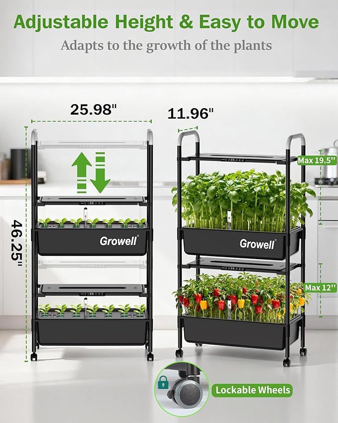 Large Hydroponics Growing System Kit Vertical Indoor Herb Garden Kit with LED Grow Light &amp Independent Water Pump 28L Movable Indoor Planter Perfect Gardening Gifts (2 Tier-54 Pods Black)