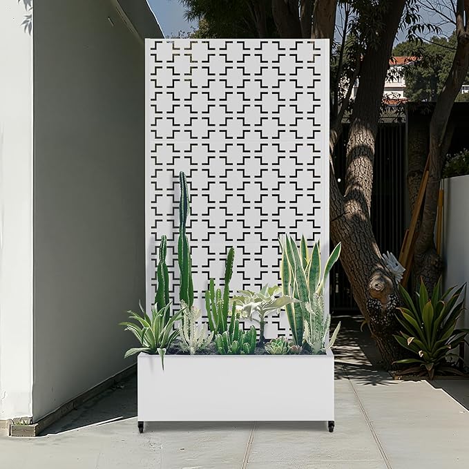 Raised Garden Beds Outdoor with Privacy Screen Metal Standing Planter Box with Trellis &amp Wheels Garden Boxes with Drainage Holes for Climbing Plants Flowers Vines (35L×16W×71H White Square