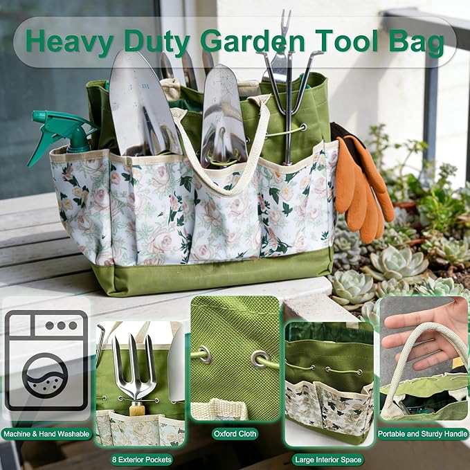 Garden Tool Set 9 Pcs Heavy Duty Stainless Steel Gardening Hand Tool Green Garden Tool Bag Kit Gardening Supplies Gifts for Women Men Mom Dad Gardener Beginner