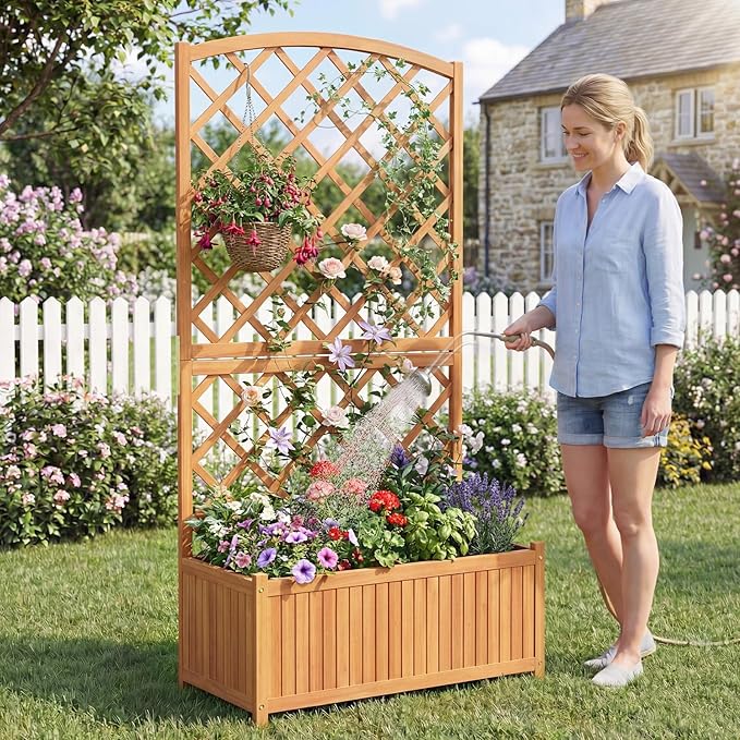 S AFSTAR 2 Pieces Wooden Raised Garden Bed with Trellis 63 Tall Planter Box with Drainage for Vines Climbing Plants Flowers Herbs Elevated Gardening Planter for Backyard Balcony &amp Patio