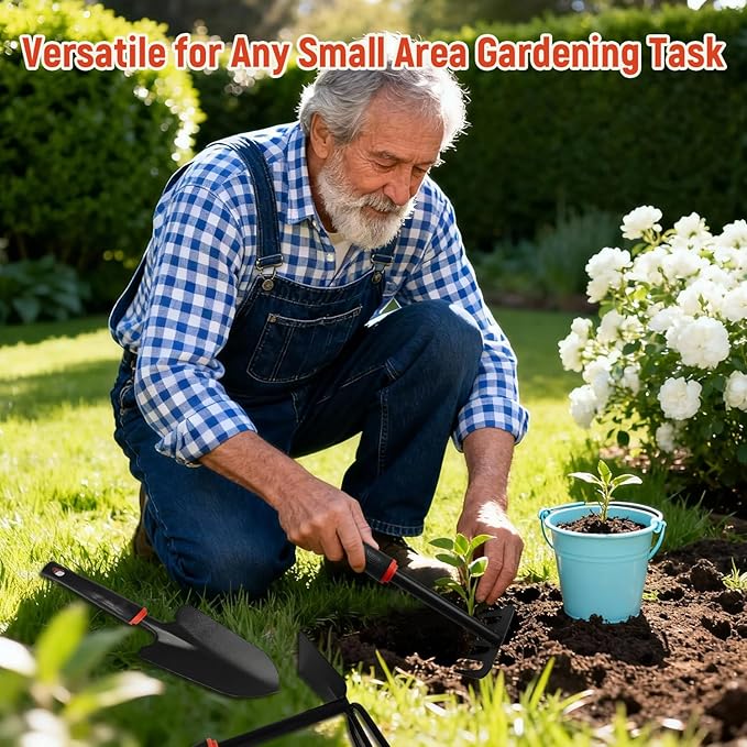 FR 5-Piece Garden Tool Set – Heavy Duty Hand Weeder Kit with Trowel Cultivator &amp Rake – Ergonomic Manual Gardening Tools for Digging Planting &amp Weed Removal in Lawn &amp Flower Beds