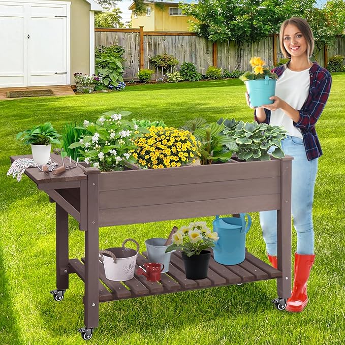 GUTINNEENRaised Garden Bed with 8-Zone Planting Grid - Wooden Elevated Planter Box Locking Wheels &amp Side Workbench for Outdoor Plants Herbs and Flowers