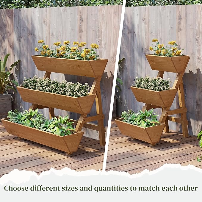 3-Tier Wooden Vertical Raised Garden Bed with Legs Tiered Planter Box Vertical Garden PlanterWood Plant Stand Wood Flower Rack for Patio Balcony Freestanding. (Brown-Small)