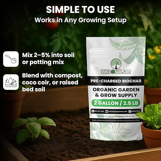 BuildASoil Pre-Charged Biochar Organic Soil Amendment for Plants No-Till Friendly 2–5% Mix Rate Clay Soil Conditioner with Organic Perlite &amp Horticultural Charcoal Blend 2 Gallon/2.5 lb