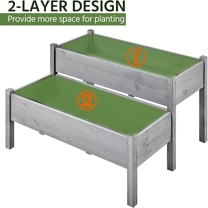 Yaheetech 47x41x30in Wooden Raised Garden Bed 2pcs Horticulture 2 Tiers Elevated Planter Grow Box for Herb with Legs &amp Drainage Holes Gray