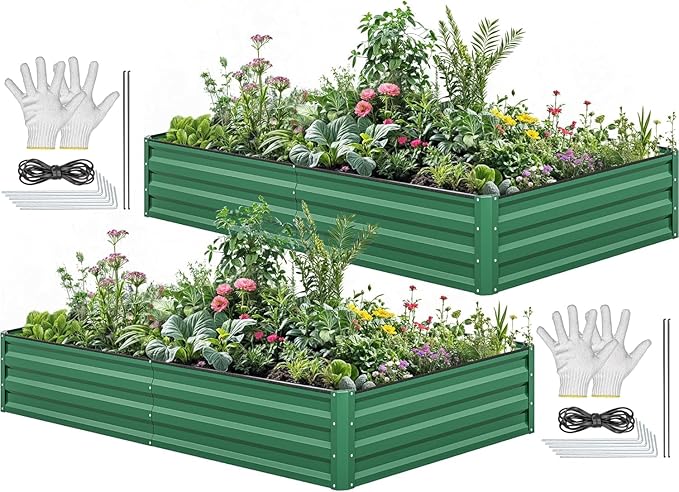 YITAHOME 96x48x12 in 2pcs Galvanized Raised Garden Bed Kit Large Metal Planter Box with Gloves Safety Rubber &amp Support Rod Outdoor Flower Bed for Plants Vegetables Green