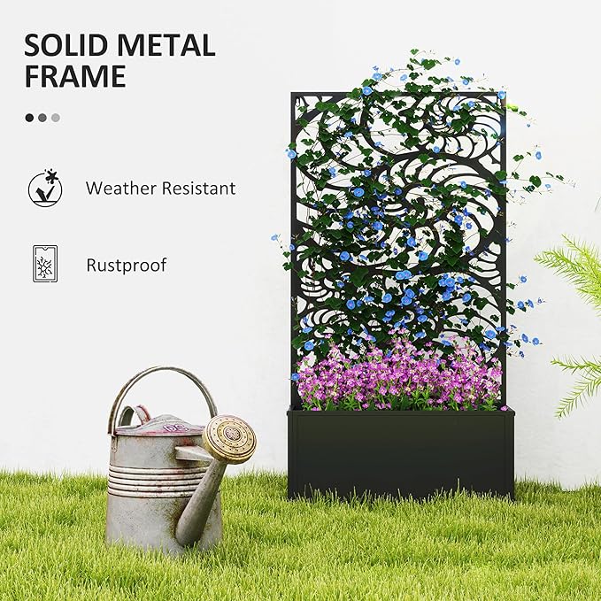 Outsunny Metal Raised Garden Bed with Trellis for Climbing Plants Freestanding or Wall Mounted Flower Bed with Privacy Panel Snail Cut-Outs Outdoor Planter Box for Garden Patio Balcony