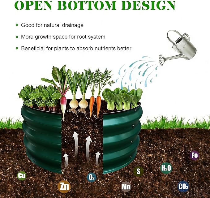 GrowHaus 2x2x1FT Galvanized Raised Garden Bed Planter Boxes Outdoor Round Metal Garden Beds for Planting Vegetables Flowers Herbs Dark Green