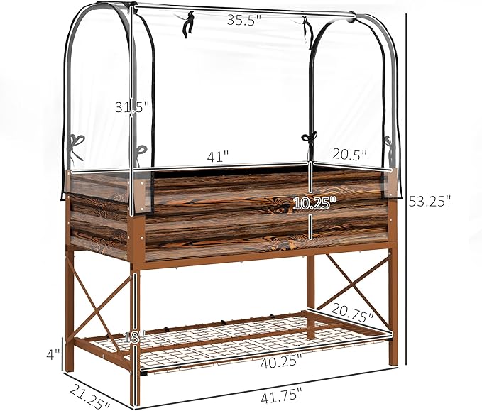 Outsunny Raised Garden Bed with Cover and Storage Shelf Rectangular Metal Elevated Planter Box with Legs and Bed Liner for Vegetables Flowers Herbs Dark Brown