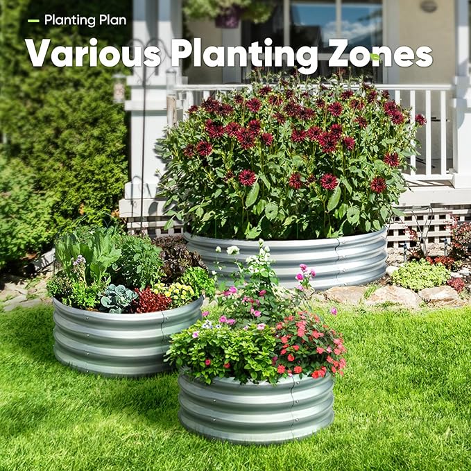 KING BIRD Raised Garden Bed Galvanized Round Planter Box Outdoor for Gardening Plants Vegetables Flowers Silver 24x24x12 in 2 Packs