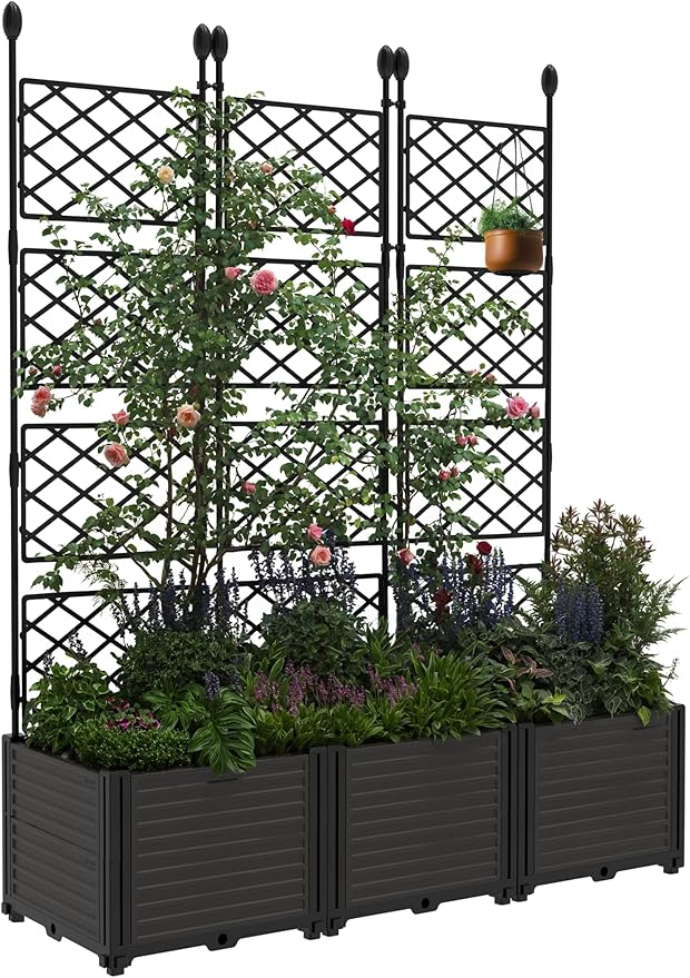 Garvee 3 PCS Plastic Plant with Metal Trellis Raised Garden Bed with Trellis Planter for Climbing Plant Outdoor Raised Box Privacy Screen for Patio Balcony Planter for Backyard Patio