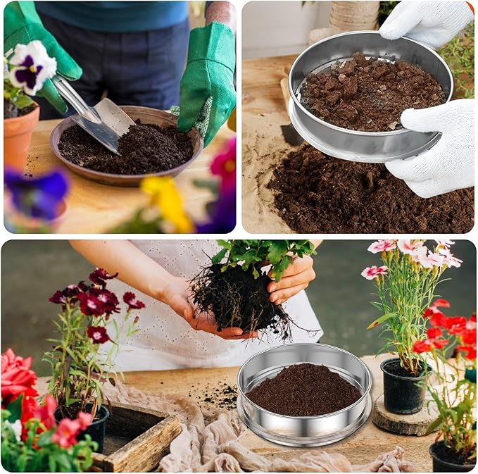 Soil Sifter for Gardening 8 Inch Stainless Steel Garden Sieve with 5 Replaceable Screens 1/3/6/9/12mm Garden Sifter with Shovel Gloves Planting Mat for Sand Rocks Dirt Compost