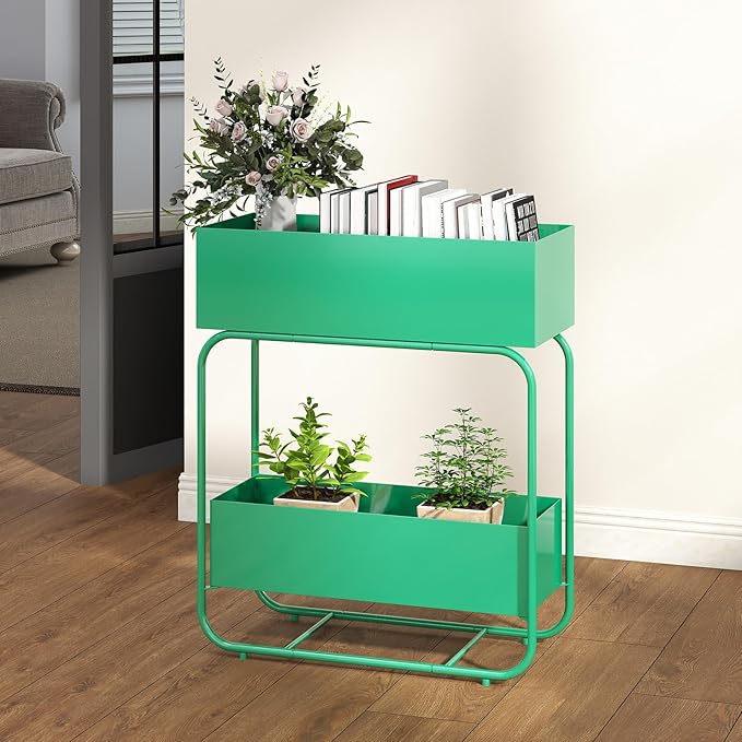 kinbor 2 Tier Elevated Raised Garden Bed Outdoor - Set of 2 Durable Planter Boxes for Vegetables Flowers &amp Herbs (29” Tall Rust-Resistant Steel Green)