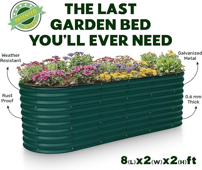 Plant &amp Plot Galvanized Raised Garden Beds Outdoor // 8×2×2 ft Planter Raised Beds for Gardening Vegetables Flowers // Large Metal Garden Box (Dark Green) // Patented Tool-Free Design