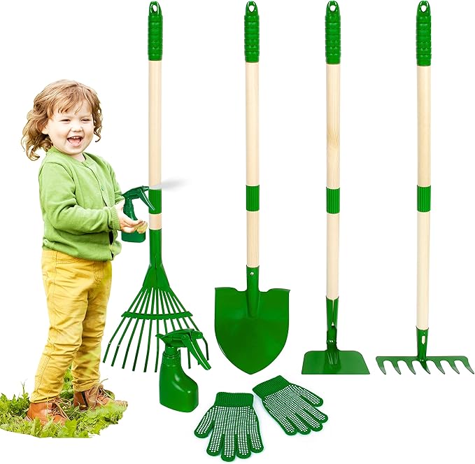 Duckura Kids Gardening Tools Set - 7pcs Garden Tool for Kids with Shovel Rake Hoe Leaf Rake Outdoor Summer Yard Lawn Digging Weed Toys Christmas Birthday Gifts for Boys Girls Age 3 4 5 Years Old