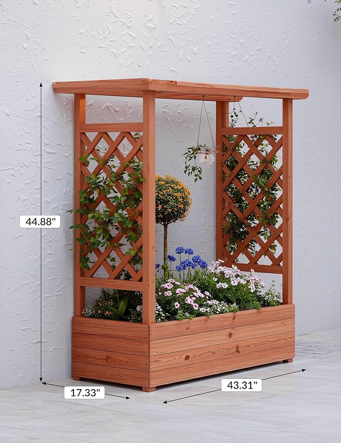 Outdoor Raised Garden Bed with Trellis &amp Roof - 45 H Planter Box with Side Supports Canopy and Drainage Holes – Perfect for Climbing Plants Vines and Blossoms