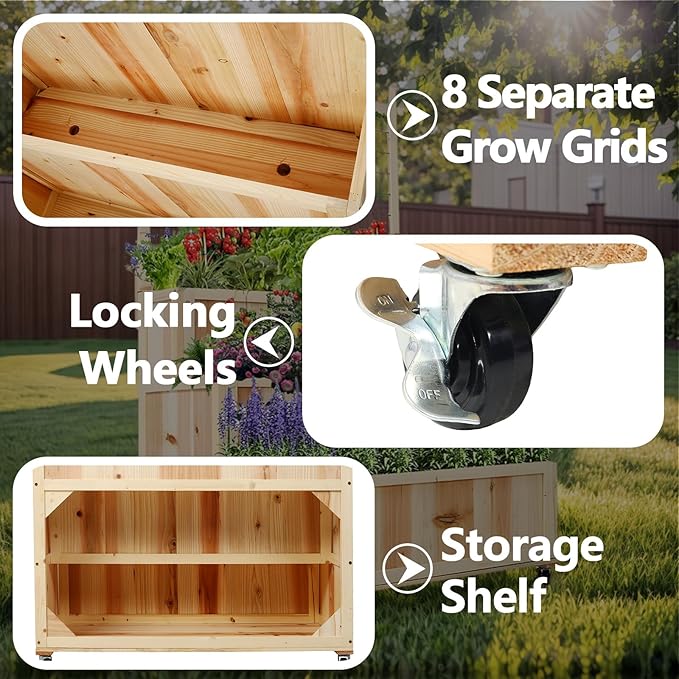 Raised Garden Bed with Legs Wooden Standing Planter Box with 8 Grids Divider &amp Protective Liner Patio Raised Planter Box for Vegetables Flowers Herbs (Natural Light Wood 31.50 Inch)