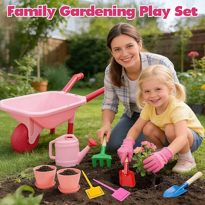 CUTE STONE Kids Gardening Tool Set Pink Wheelbarrow with Garden Toys with Watering Can Gloves Hand Rake Shovel Trowel Outdoor/Indoor Pretend Play Toys for Toddlers Boys Girls Age 3+