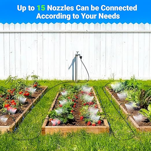 360° Adjustable Drip Irrigation System - Compatible 1/4 Irrigation System 50FT Garden Watering Atomizing System with 15 Nozzles Greenhouse Accessories for Yard Lawn Plants Garden