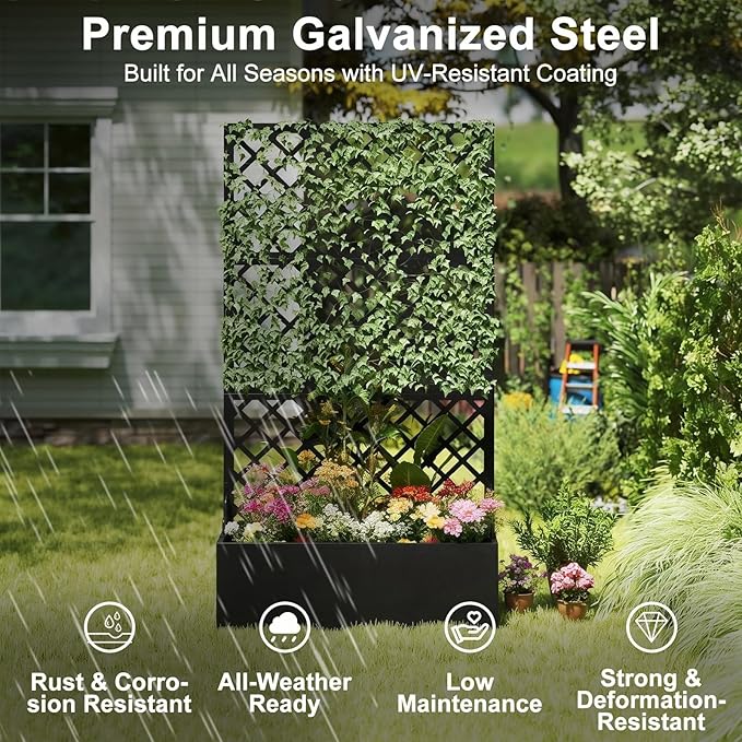 Metal Raised Garden Bed with Trellis Privacy Screen Planter Box for Climbing Plants 40 x 12 x 71 Inches Outdoor Standing Flower Bed with Drainage (Diamond)
