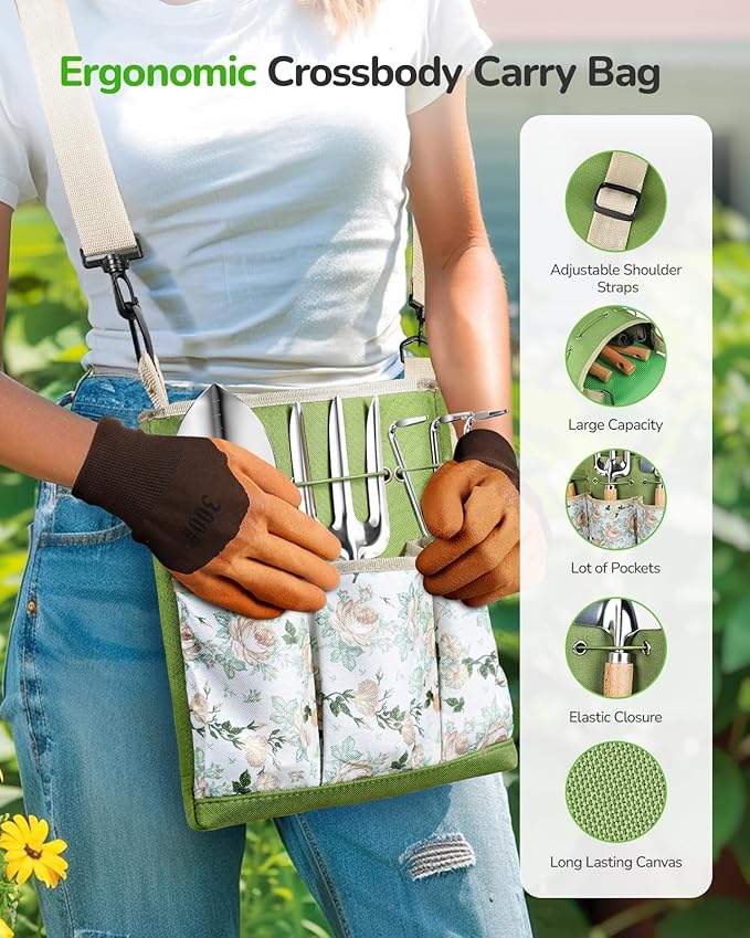 All-in-One Garden Tool Set 11-Piece Heavy Duty Gardening Tools with Ergonomic Canvas Shoulder Crossbody Bag Rust-Proof Premium Garden Tool Kit Gardening Gift for Women Men Green GR003