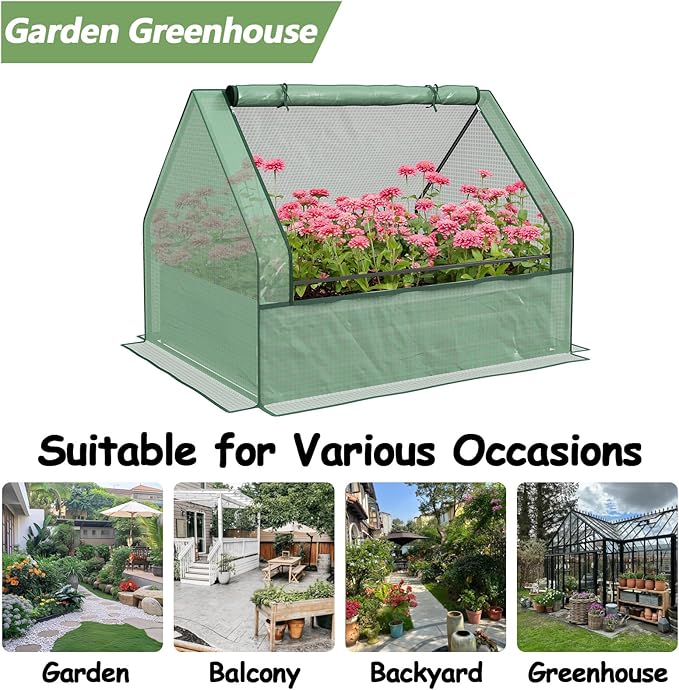 Mini Greenhouse Outdoor Galvanized Raised Garden Bed with Cover Outdoor Planter Box for Herbs and Vegetables (Green)