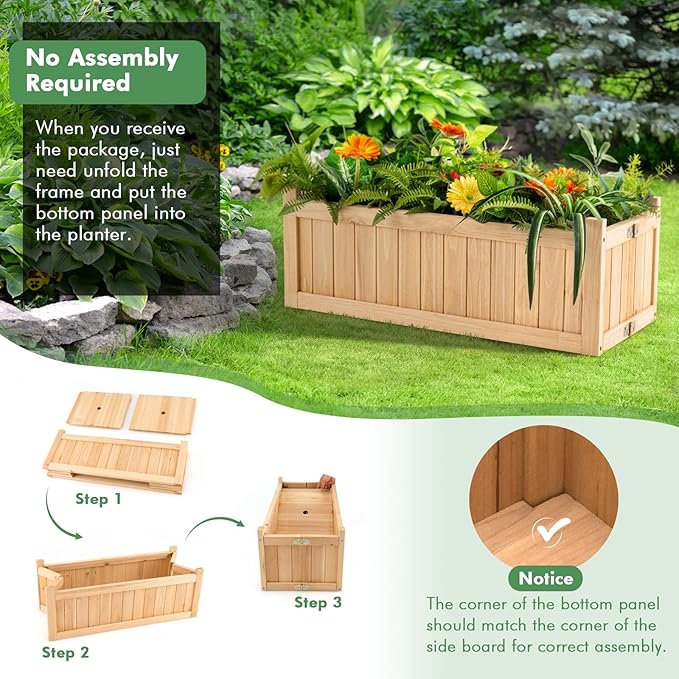 S AFSTAR Outdoor Wooden Planter Box Folding Raised Garden Bed W/Drainage Hole Patio Rectangle Plant Container for Flowers Vegetables Fruits Herbs Collapsible Planting Box for Yard