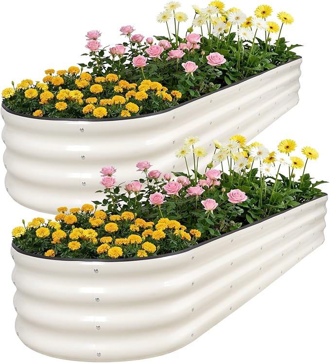 ZORMY Galvanized Raised Garden Bed 2 Pack 8x2x1ft Oval Metal Planter Box Outdoor with Support Rods &amp Corner Protection Planter Beds for Vegetables Fruits Flowers (White)