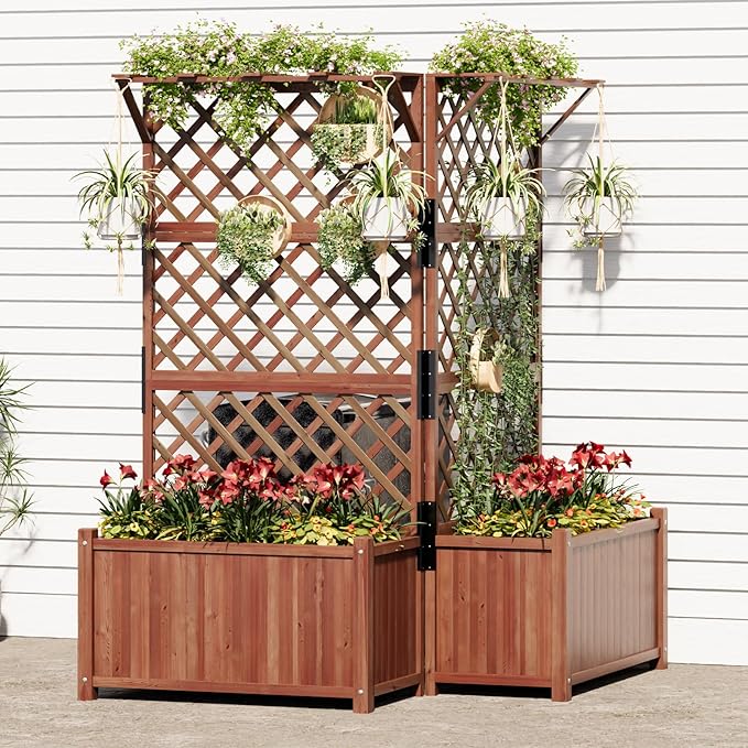 AMERLIFE 2 Pack Raised Garden Bed with Trellis for Vegetables Climbing Plants Durable Natural Wood Planter Box with Drainage Holes Privacy Planter for Outdoor Yard &amp Patio Easy Assembly