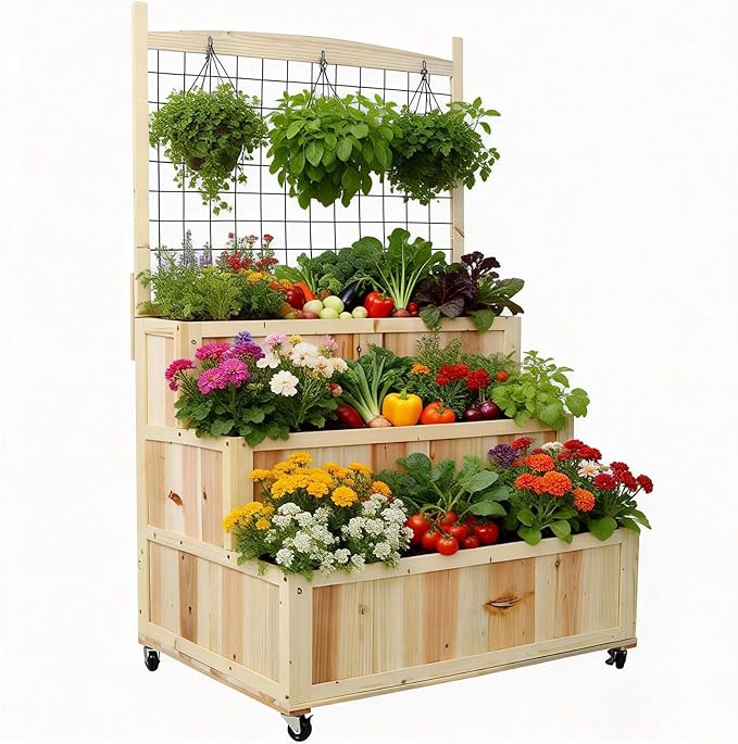 3-Tiers Raised Garden Bed with Trellis 53 H Vertical Planter Box with Wheels &amp Back Storage Area for Flowers Vegetables Herbs Natural (31 L x 24 W x 53 H)