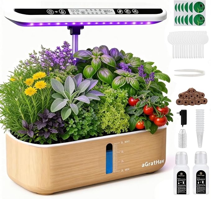 Hydroponics Growing System Kit Indoor Herb Garden 14 Pods Upgraded LCD Display LED Grow Light Quiet Smart Water Pump Automatic Timer Hydroponic Planter for Home Kitchen Office (White)