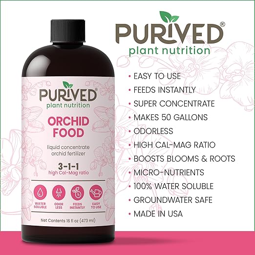 Purived 16oz Orchid Liquid Fertilizer - Makes 50 Gallons Boosts Blooms &amp Root Strength Ideal for Phalaenopsis Dendrobium &amp More Supports Vibrant Long-Lasting Flowers Made in USA