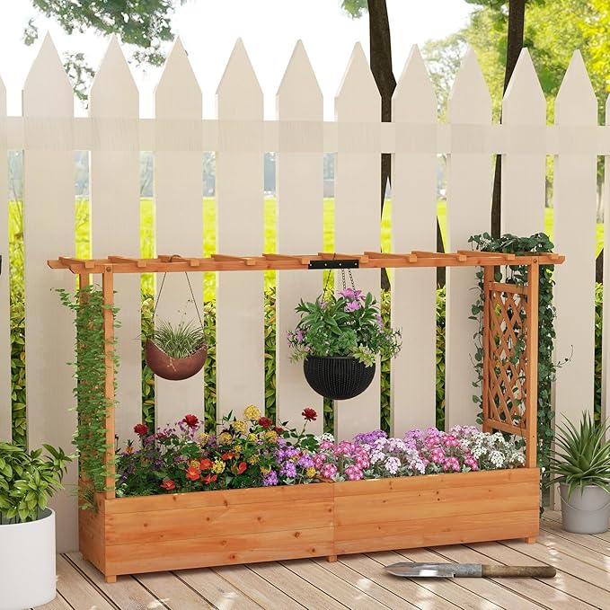 ORALNER Raised Garden Bed with Trellis Wooden Planter Box with Climbing Frame Outdoor Elevated Garden Box for Vegetables Herbs Flowers Fruits (Large)